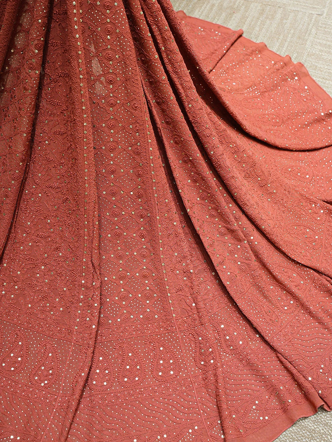 Ada Hand Embroidered Chestnut Brown Viscose Georgette Lucknowi Chikankari Lehenga Ghera Only (Skirt) With Mukaish/Muqaish Work 01A762812