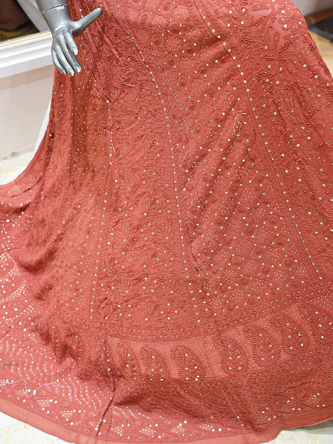 Ada Hand Embroidered Chestnut Brown Viscose Georgette Lucknowi Chikankari Lehenga Ghera Only (Skirt) With Mukaish/Muqaish Work 01A762812