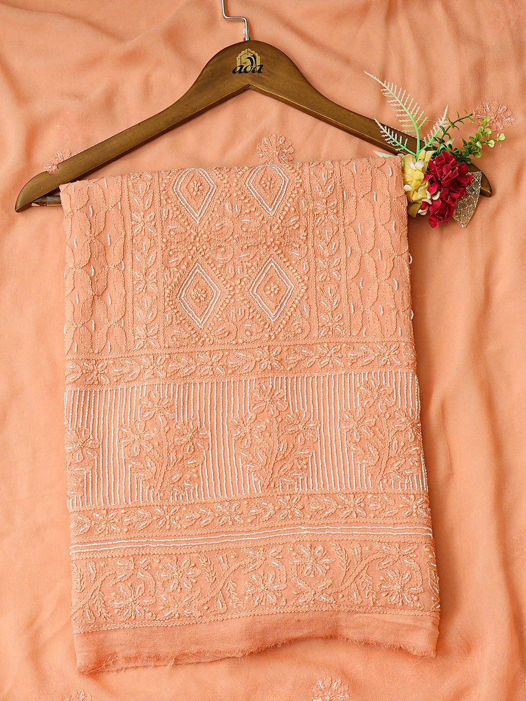 Ada Hand Embroidered Peach Viscose Georgette Lucknowi Chikankari Unstitched Kurta Dupatta Set With Cutdana Work 01A850903