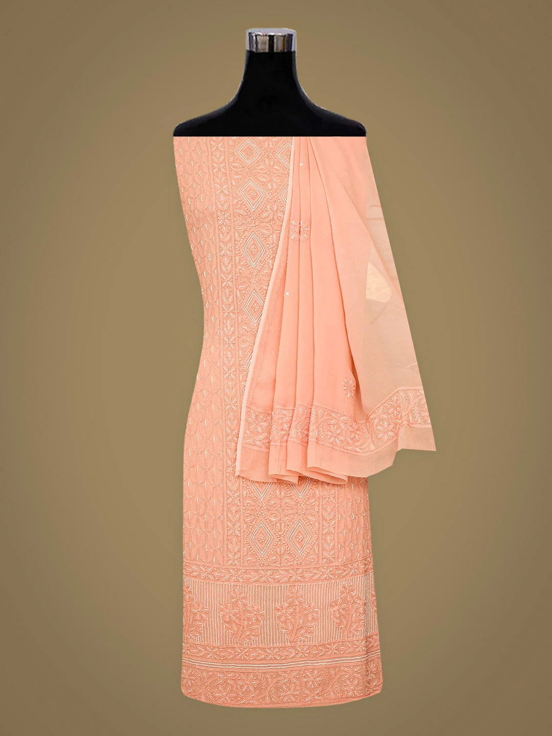 Ada Hand Embroidered Peach Viscose Georgette Lucknowi Chikankari Unstitched Kurta Dupatta Set With Cutdana Work 01A850903