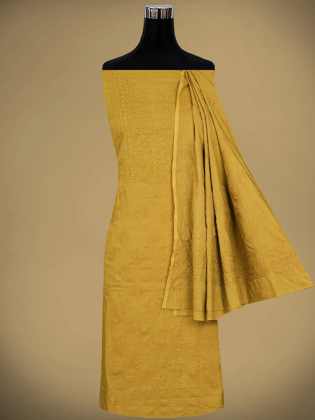 Ada Hand Embroidered Dark Yellow Cotton Lucknowi Chikankari Unstitched Kurta Dupatta Set 01A290142