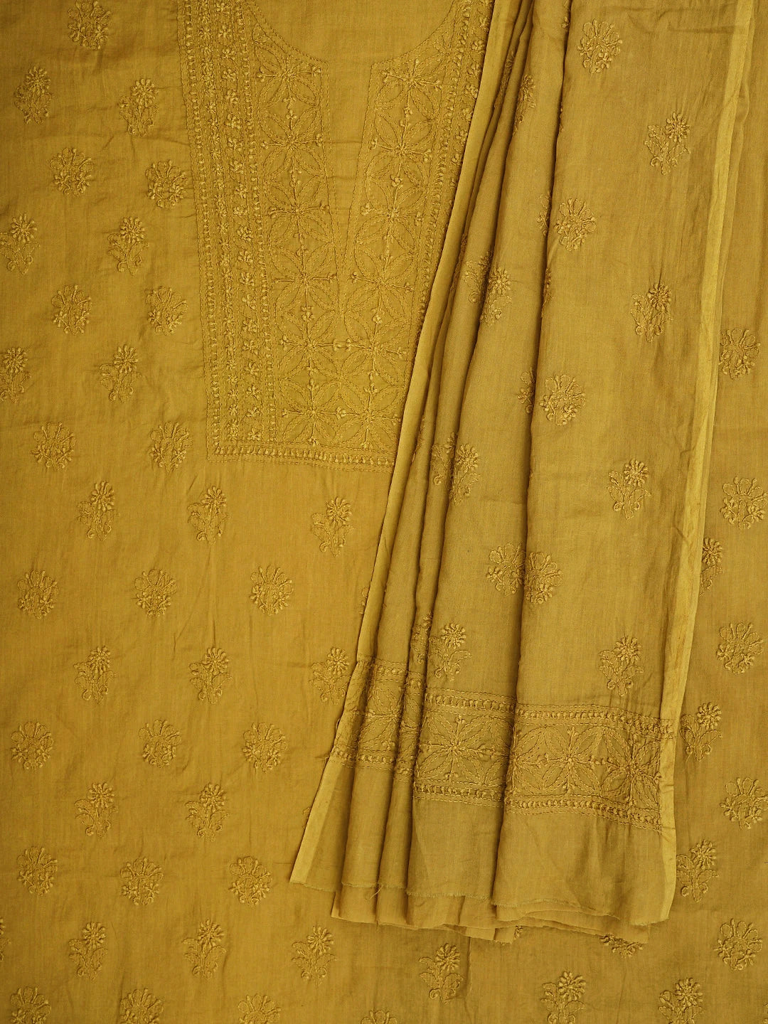 Ada Hand Embroidered Dark Yellow Cotton Lucknowi Chikankari Unstitched Kurta Dupatta Set 01A290142
