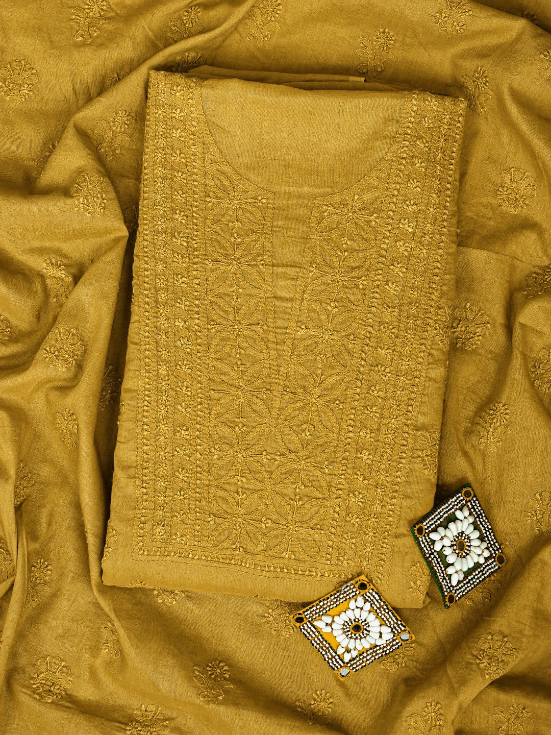 Ada Hand Embroidered Dark Yellow Cotton Lucknowi Chikankari Unstitched Kurta Dupatta Set 01A290142