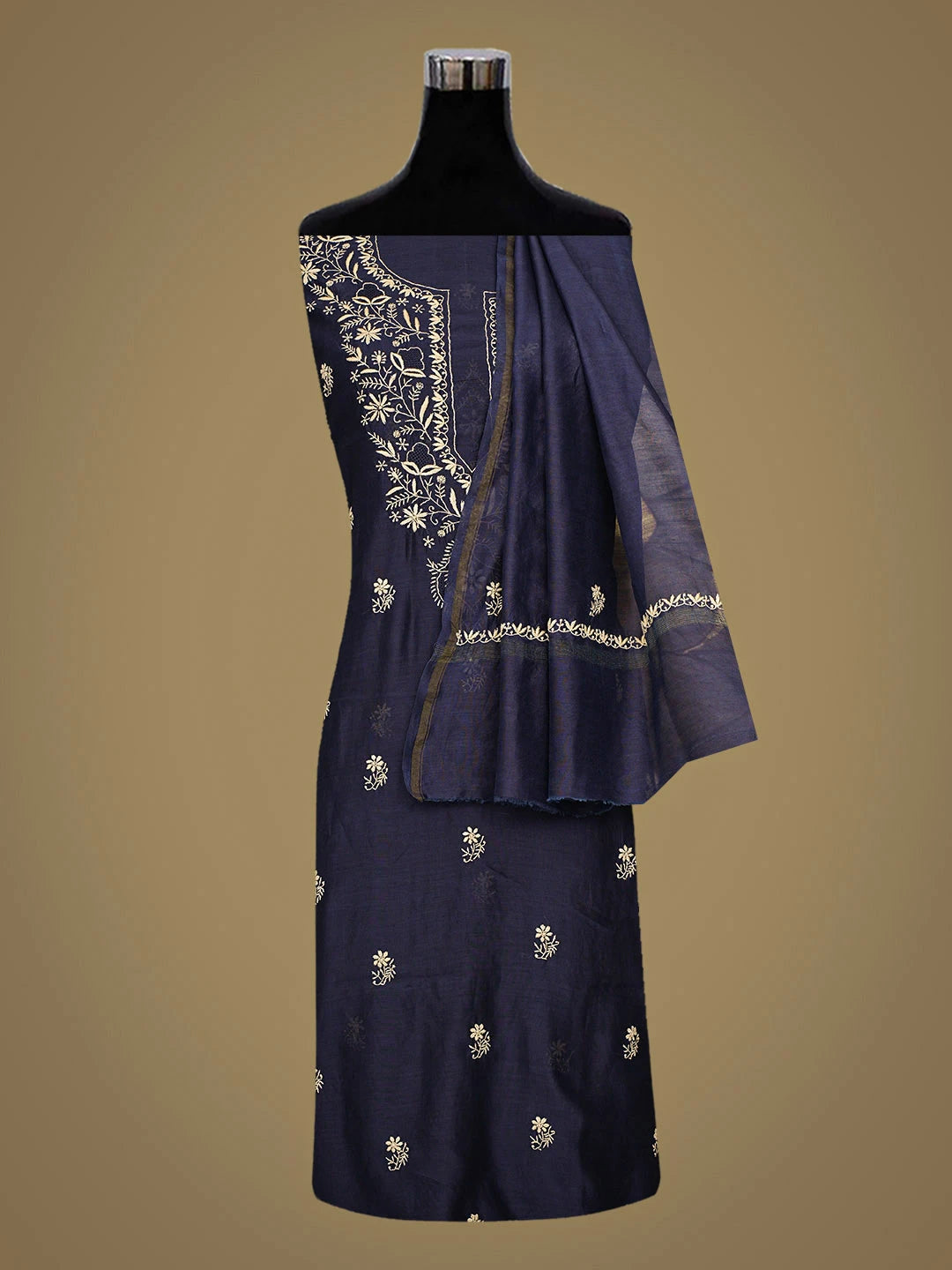 Ada Hand Embroidered Navy Blue Chanderi Lucknowi Chikankari Unstitched Kurta Dupatta Set 01A936903