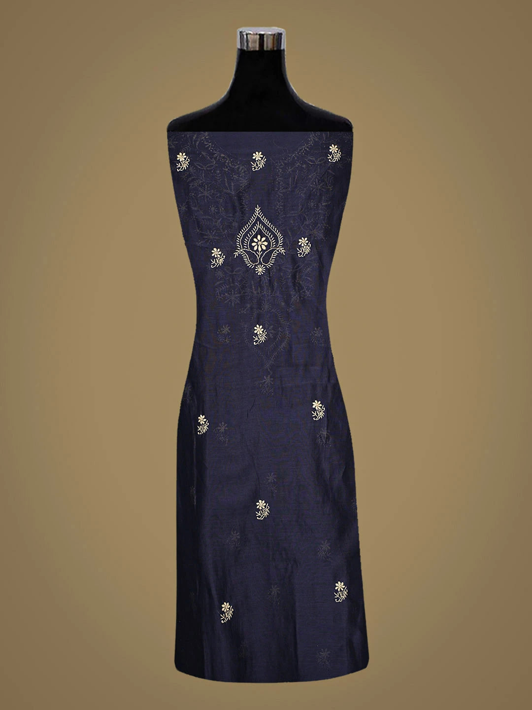 Ada Hand Embroidered Navy Blue Chanderi Lucknowi Chikankari Unstitched Kurta Dupatta Set 01A936903