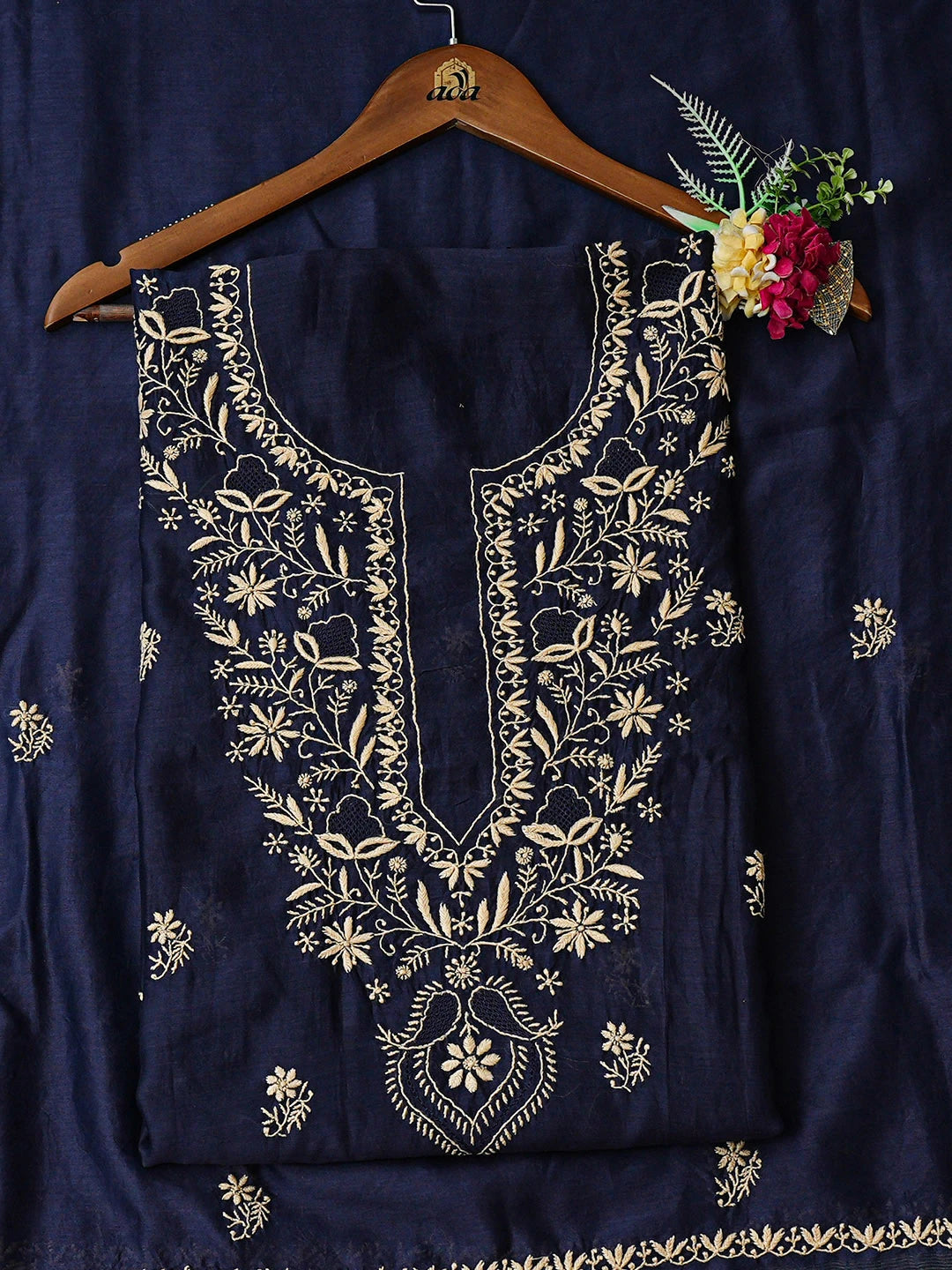 Ada Hand Embroidered Navy Blue Chanderi Lucknowi Chikankari Unstitched Kurta Dupatta Set 01A936903
