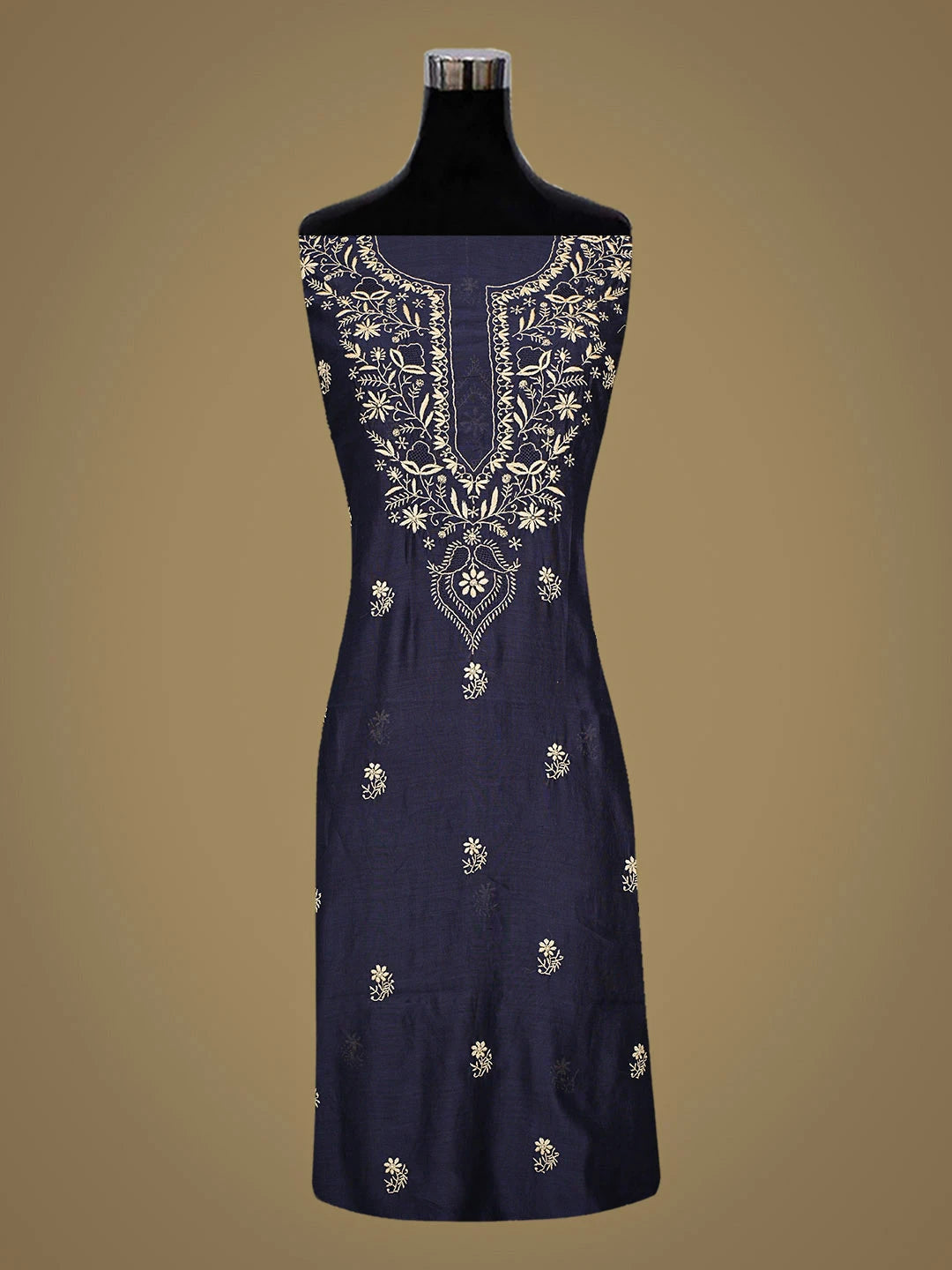 Ada Hand Embroidered Navy Blue Chanderi Lucknowi Chikankari Unstitched Kurta Dupatta Set 01A936903