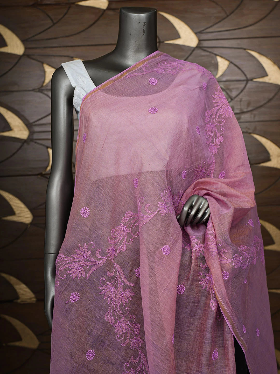 Ada Hand Embroidered Pink Tissue Lucknowi Chikankari Dupatta 01A640986