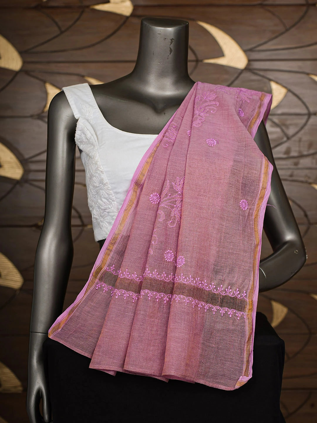 Ada Hand Embroidered Pink Tissue Lucknowi Chikankari Dupatta 01A640986
