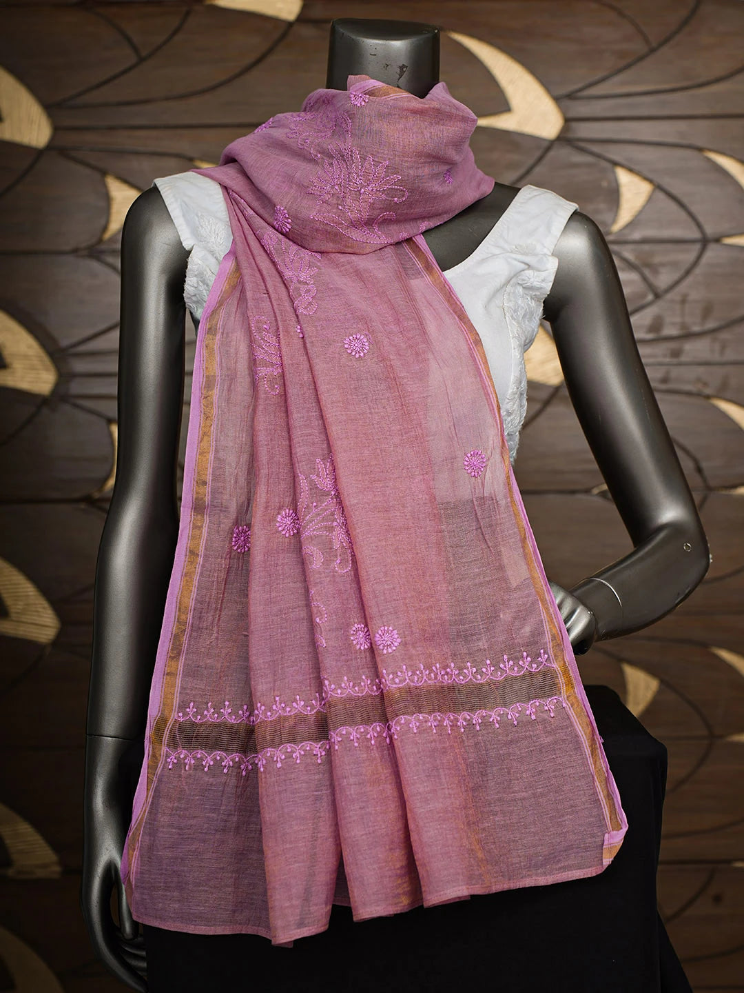 Ada Hand Embroidered Pink Tissue Lucknowi Chikankari Dupatta 01A640986