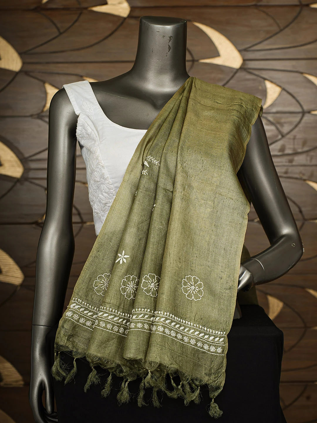 Ada Hand Embroidered Green Tussar Silk Lucknowi Chikankari Dupatta 01A922692