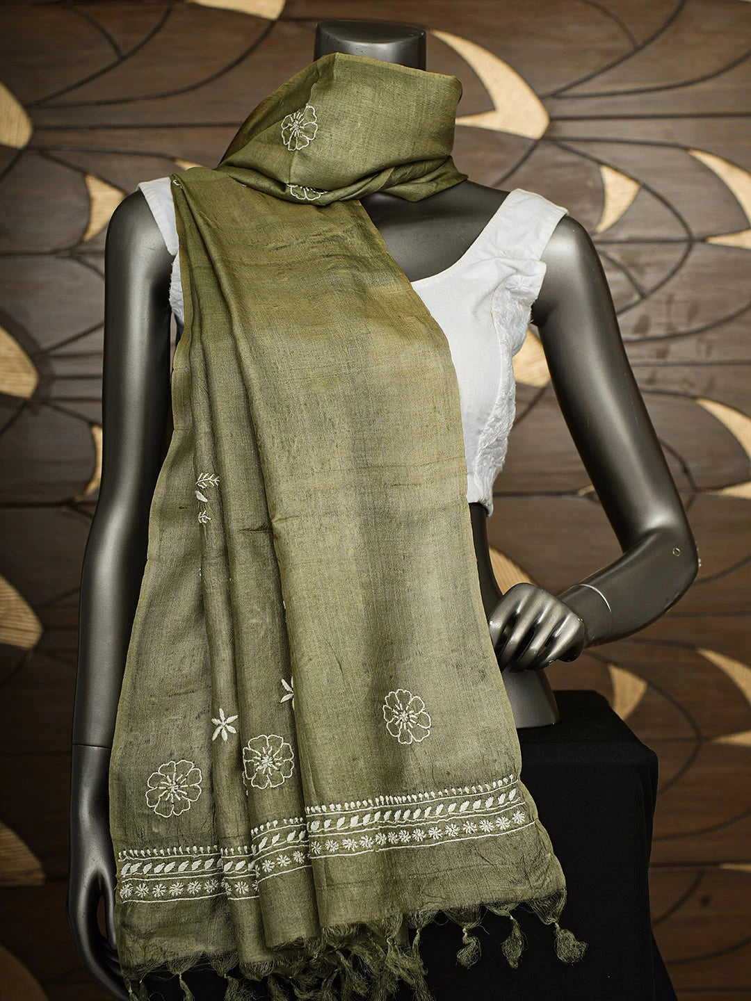Ada Hand Embroidered Green Tussar Silk Lucknowi Chikankari Dupatta 01A922692