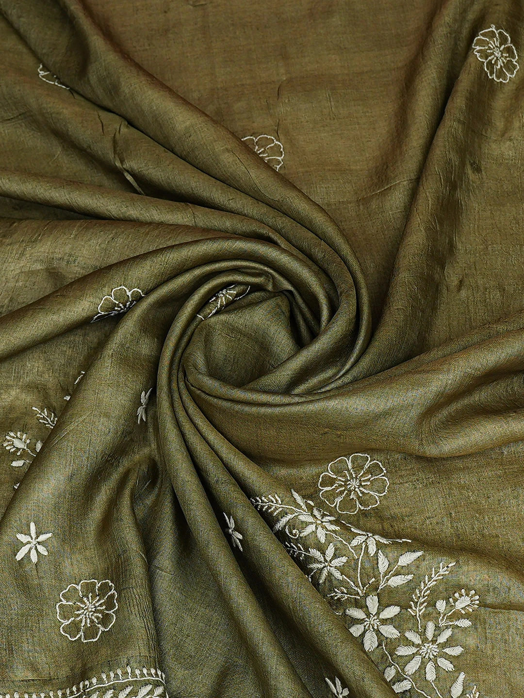 Ada Hand Embroidered Green Tussar Silk Lucknowi Chikankari Dupatta 01A922692