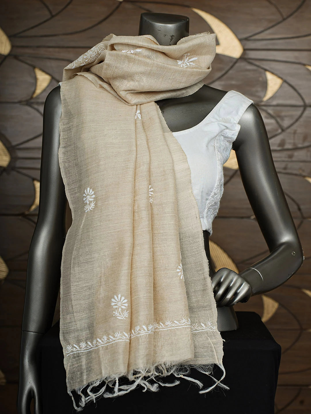 Ada Hand Embroidered Fawn Moonga Silk Lucknowi Chikankari Dupatta 01A881941