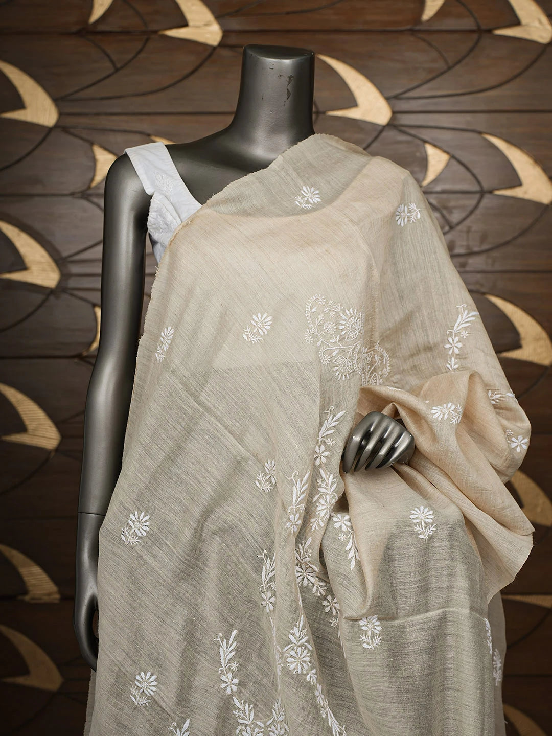 Ada Hand Embroidered Fawn Moonga Silk Lucknowi Chikankari Dupatta 01A881941