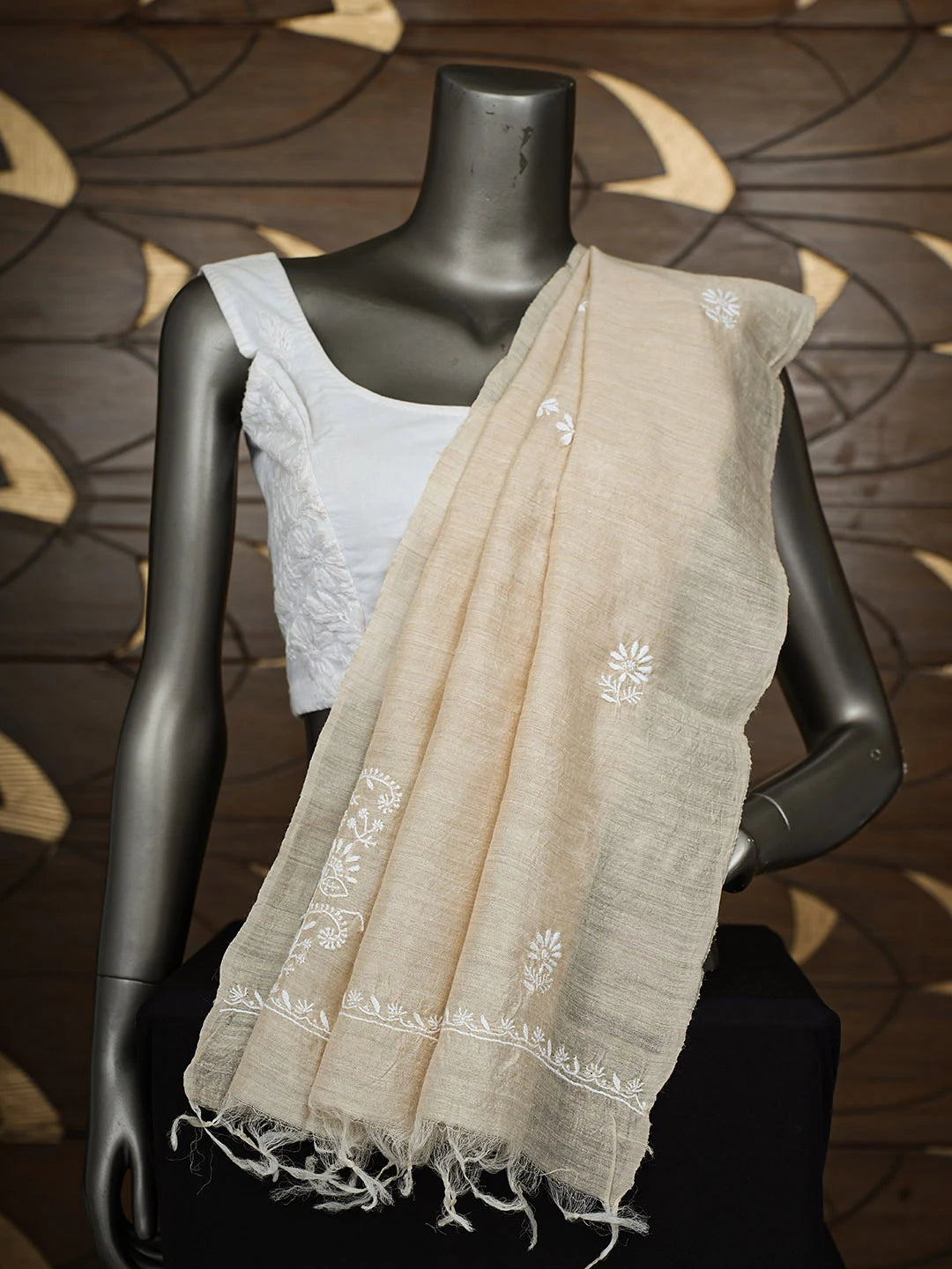 Ada Hand Embroidered Fawn Moonga Silk Lucknowi Chikankari Dupatta 01A881941