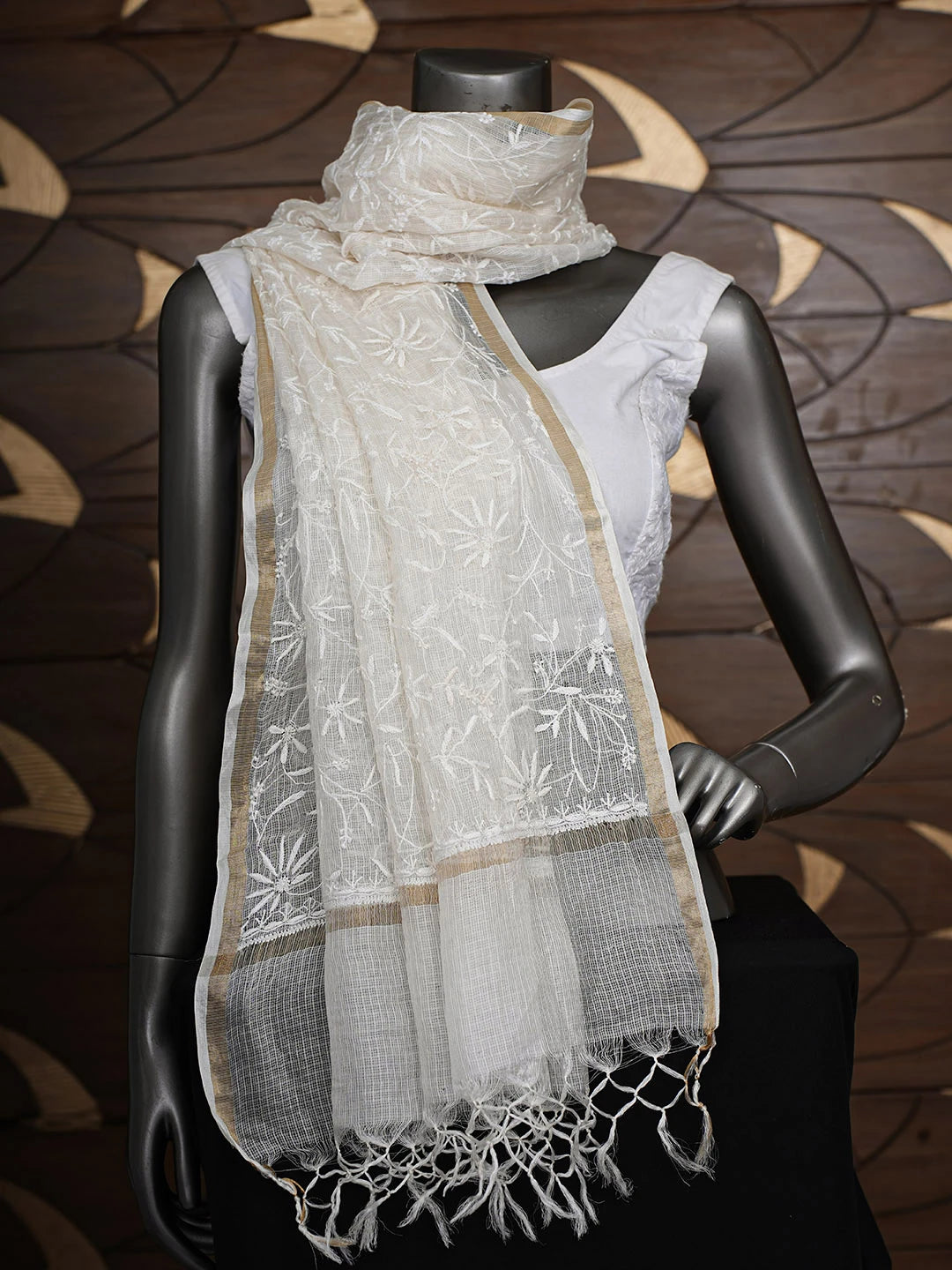 Ada Hand Embroidered White kota Silk Lucknowi Chikankari Dupatta 01A898345