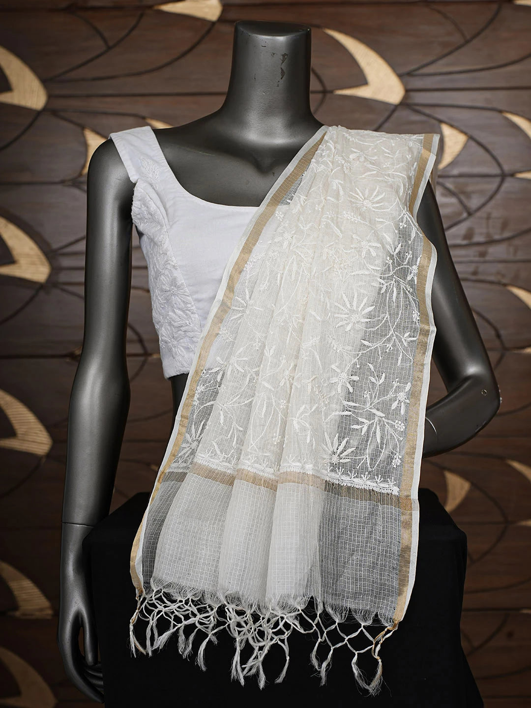 Ada Hand Embroidered White kota Silk Lucknowi Chikankari Dupatta 01A898345