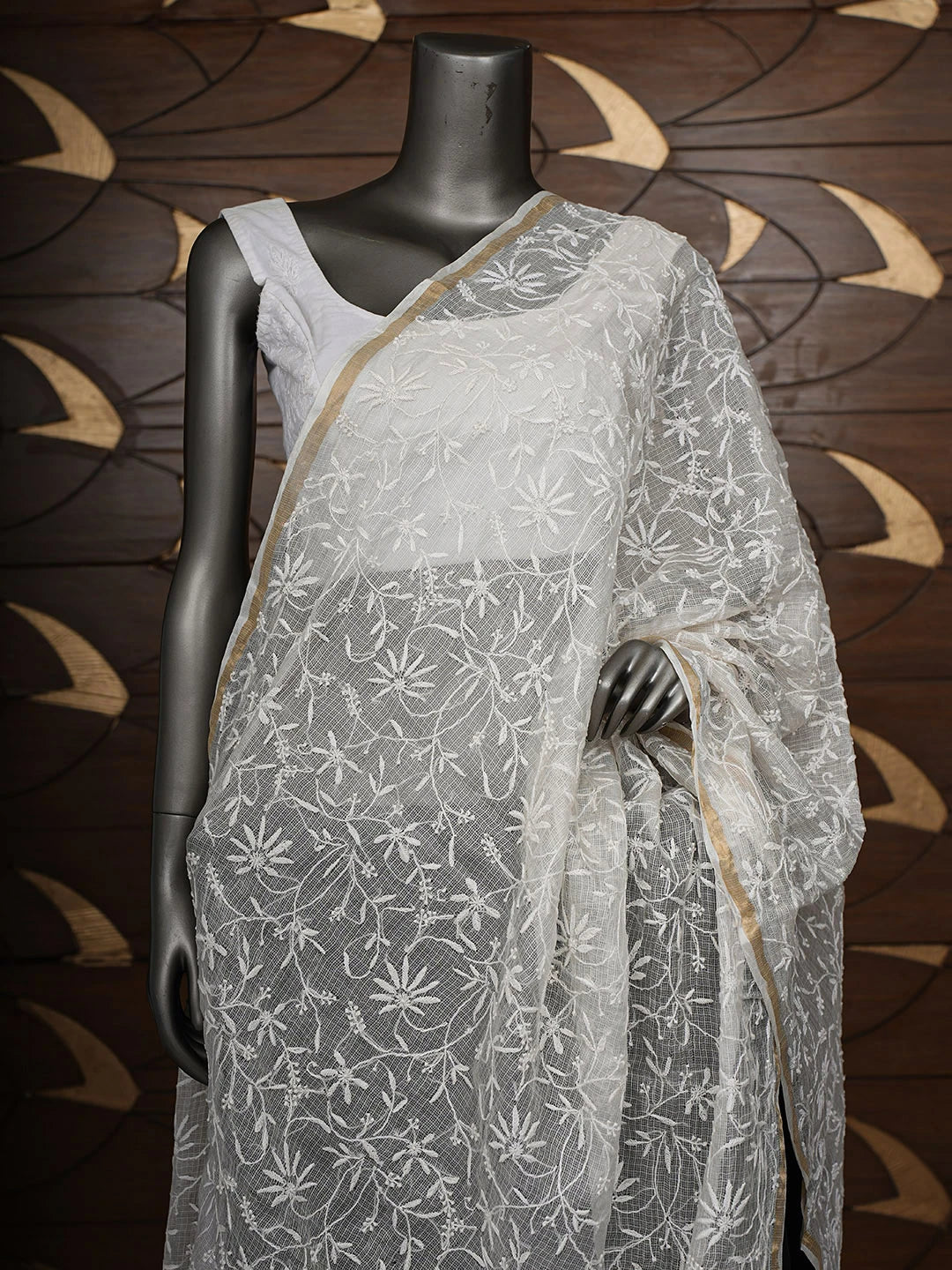 Ada Hand Embroidered White kota Silk Lucknowi Chikankari Dupatta 01A898345