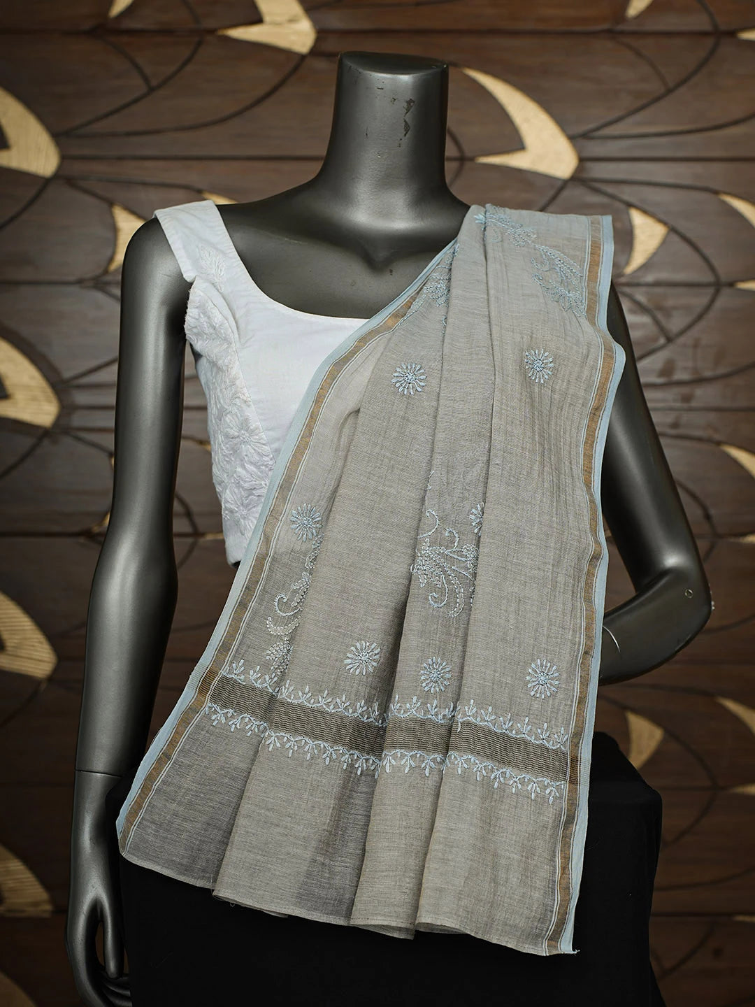 Ada Hand Embroidered Grey Tissue Lucknowi Chikankari Dupatta 01A904184