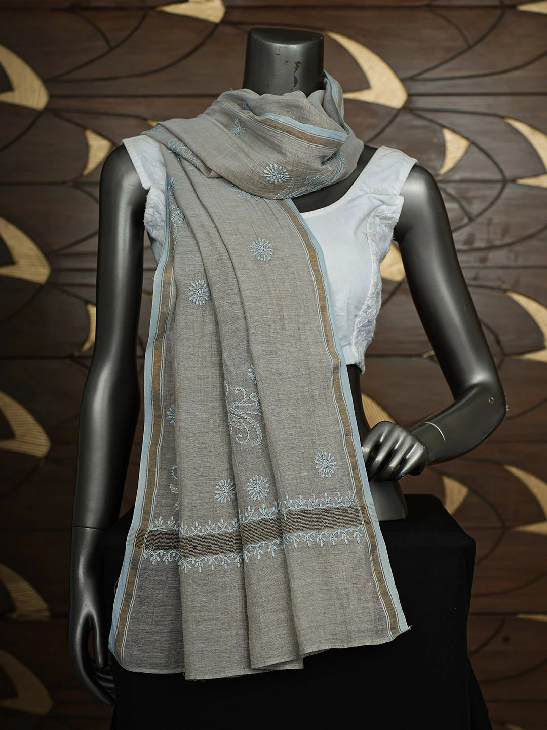 Ada Hand Embroidered Grey Tissue Lucknowi Chikankari Dupatta 01A904184
