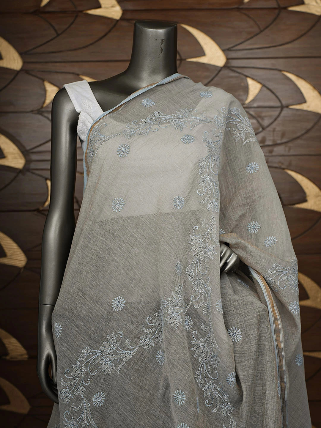 Ada Hand Embroidered Grey Tissue Lucknowi Chikankari Dupatta 01A904184