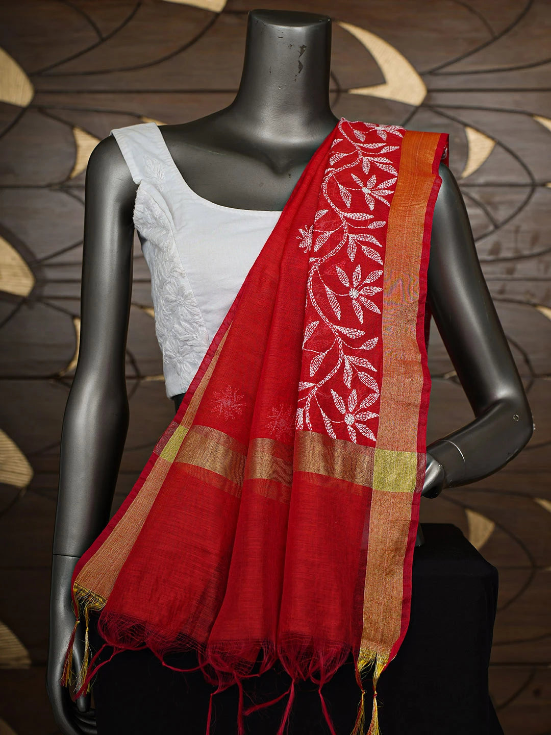 Ada Hand Embroidered Red Chanderi Lucknowi Chikankari Dupatta 01A752132