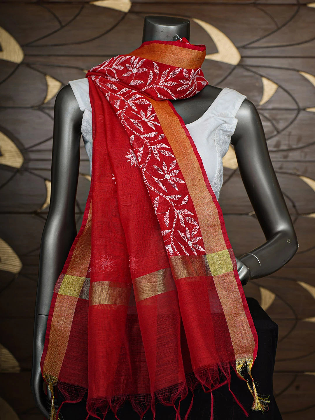 Ada Hand Embroidered Red Chanderi Lucknowi Chikankari Dupatta 01A752132