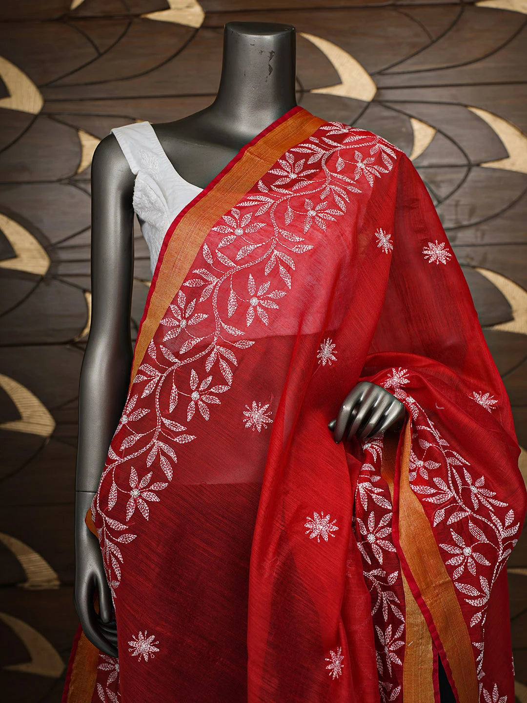 Ada Hand Embroidered Red Chanderi Lucknowi Chikankari Dupatta 01A752132