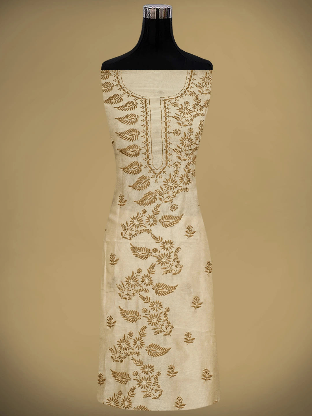 Ada Hand Embroidered Fawn Chanderi Lucknowi Chikankari Unstitched Kurta Dupatta Set 01A939461