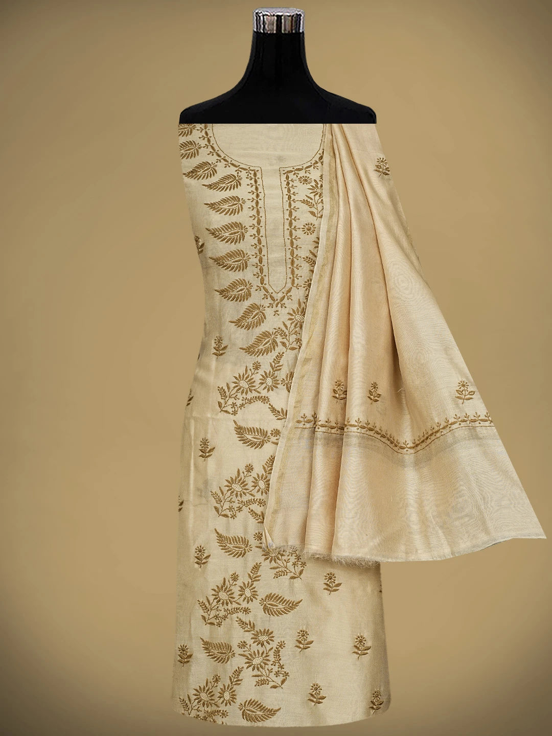 Ada Hand Embroidered Fawn Chanderi Lucknowi Chikankari Unstitched Kurta Dupatta Set 01A939461