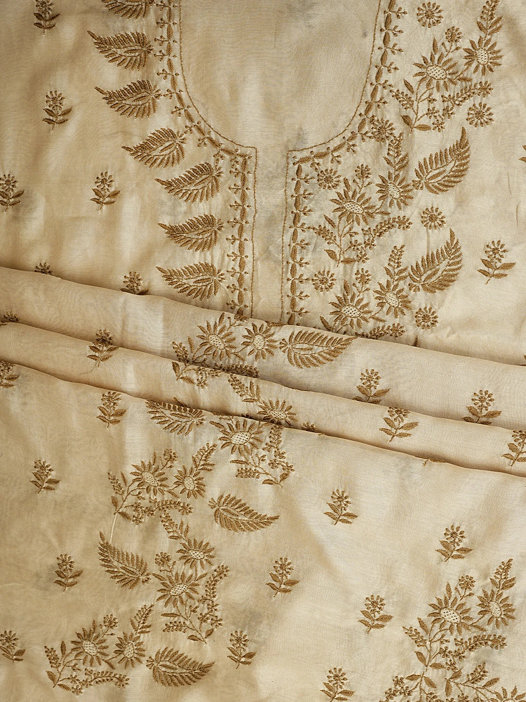 Ada Hand Embroidered Fawn Chanderi Lucknowi Chikankari Unstitched Kurta Dupatta Set 01A939461