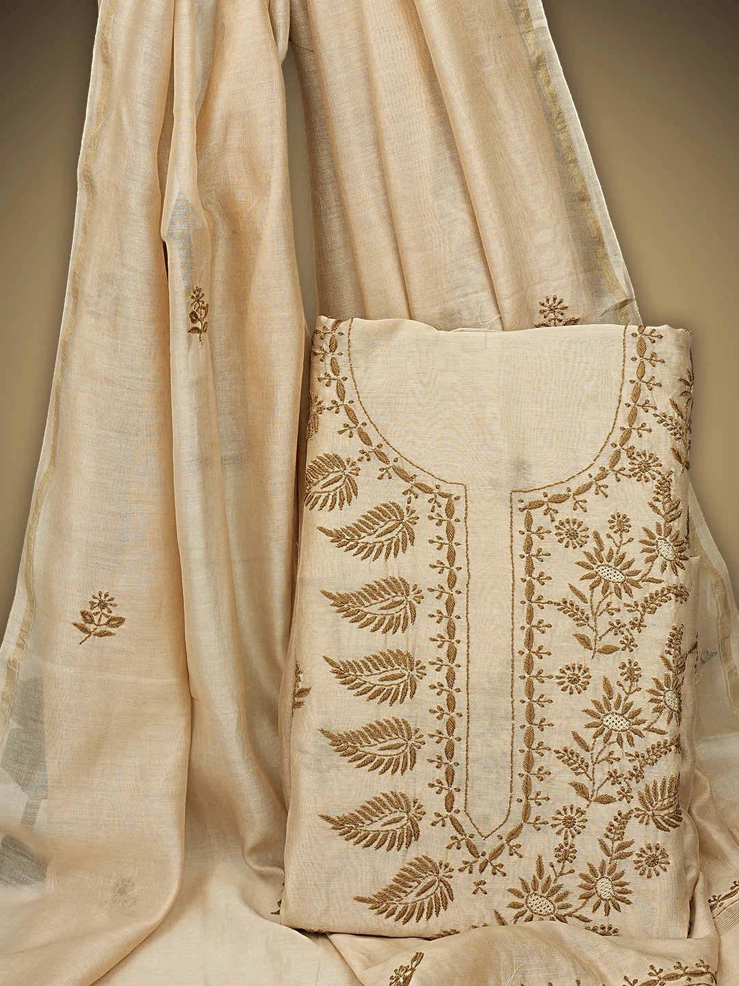 Ada Hand Embroidered Fawn Chanderi Lucknowi Chikankari Unstitched Kurta Dupatta Set 01A939461