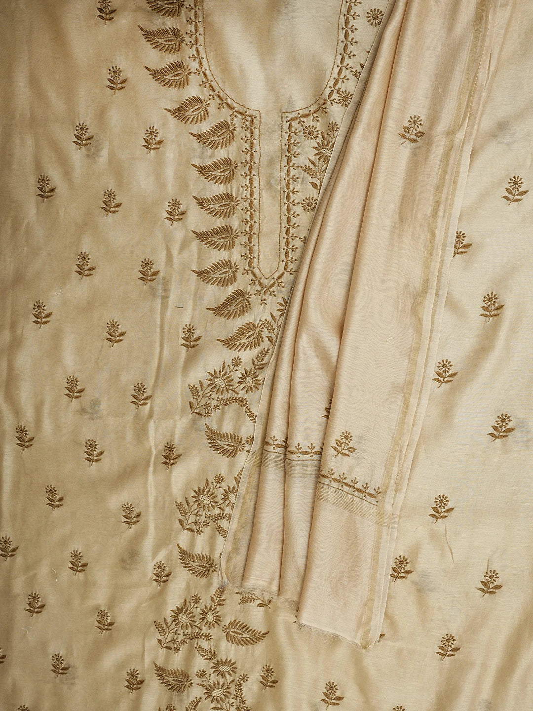 Ada Hand Embroidered Fawn Chanderi Lucknowi Chikankari Unstitched Kurta Dupatta Set 01A939461