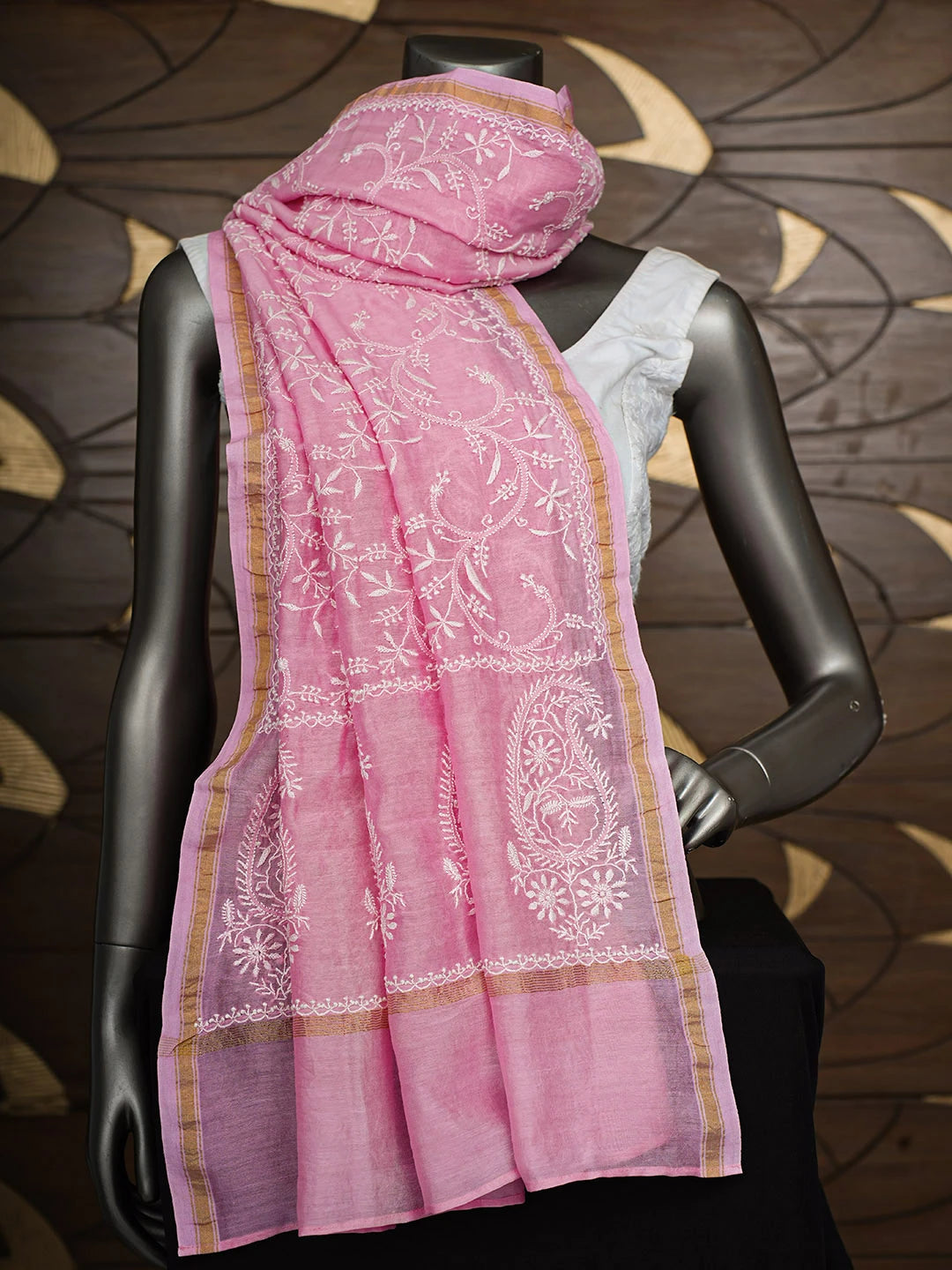 Ada Hand Embroidered Pink Chanderi Lucknowi Chikankari Dupatta 01A911824