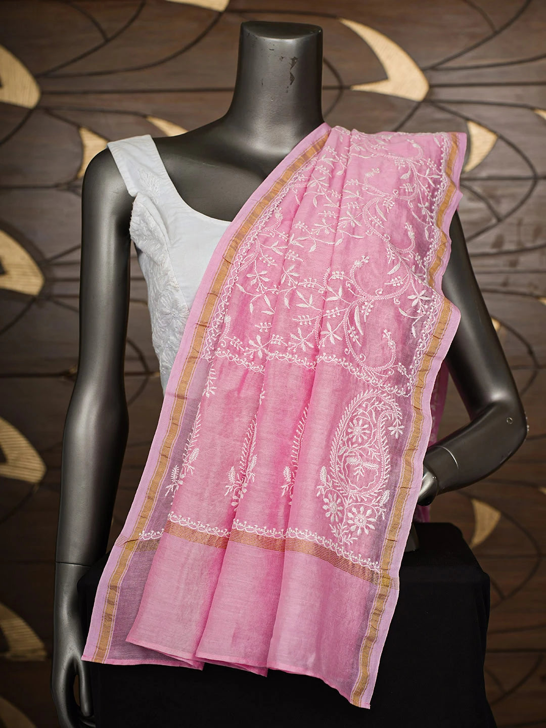 Ada Hand Embroidered Pink Chanderi Lucknowi Chikankari Dupatta 01A911824