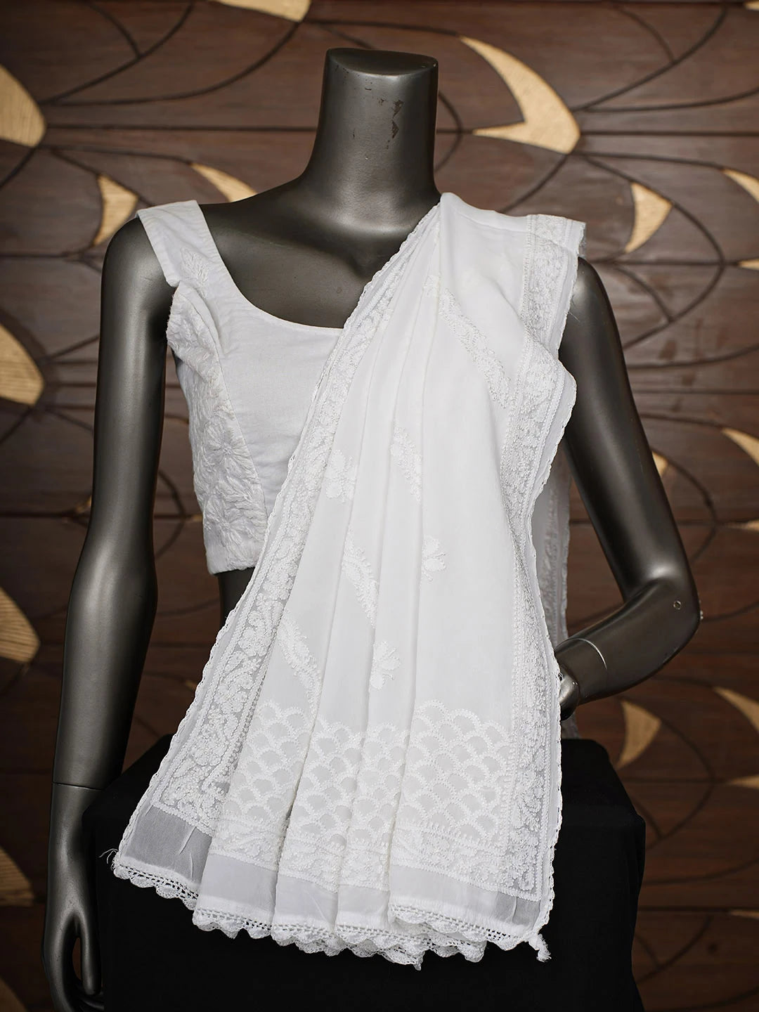 Ada Hand Embroidered White Viscose Georgette Lucknowi Chikankari Dupatta 01A900930