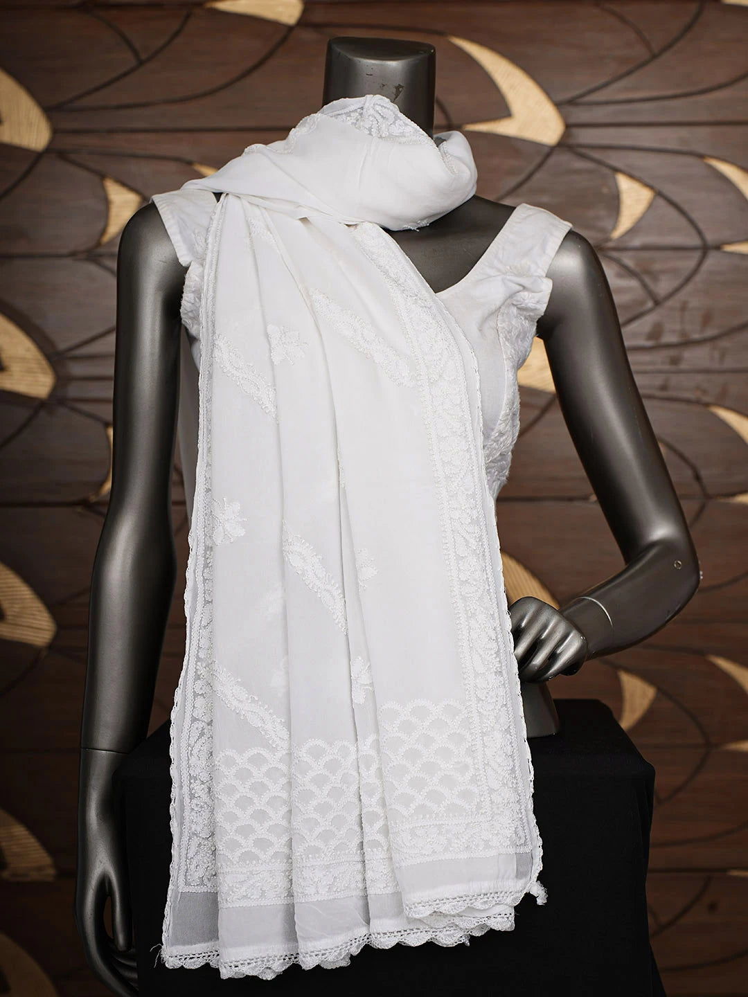 Ada Hand Embroidered White Viscose Georgette Lucknowi Chikankari Dupatta 01A900930