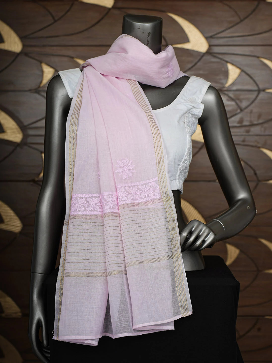 Ada Hand Embroidered Pink Chanderi Lucknowi Chikankari Dupatta 01A862678