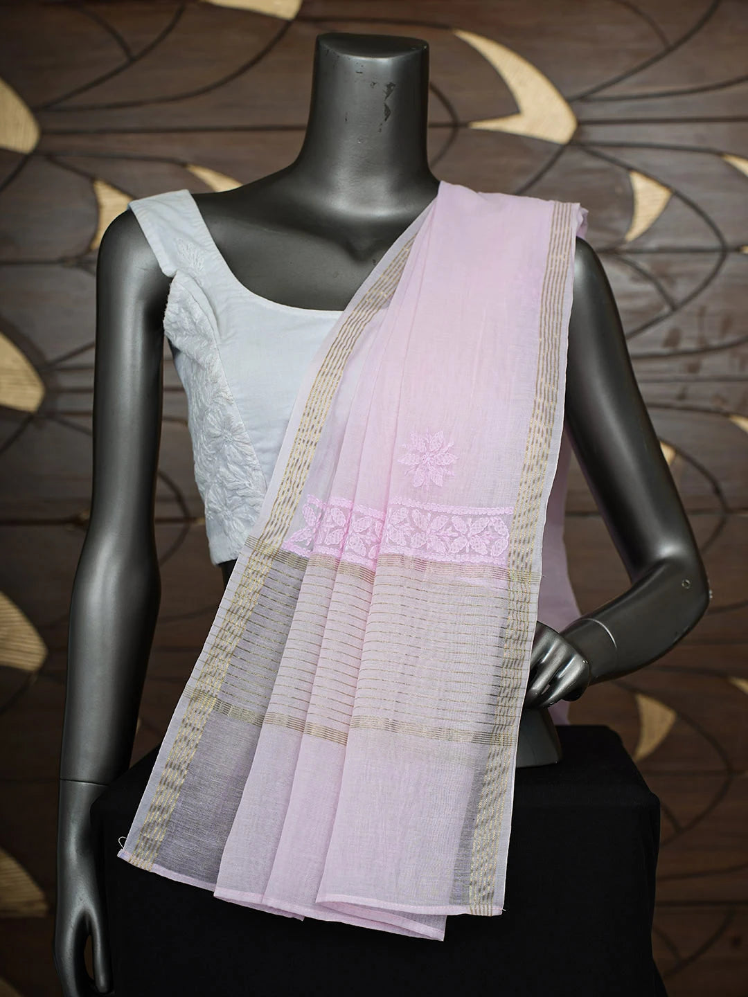 Ada Hand Embroidered Pink Chanderi Lucknowi Chikankari Dupatta 01A862678
