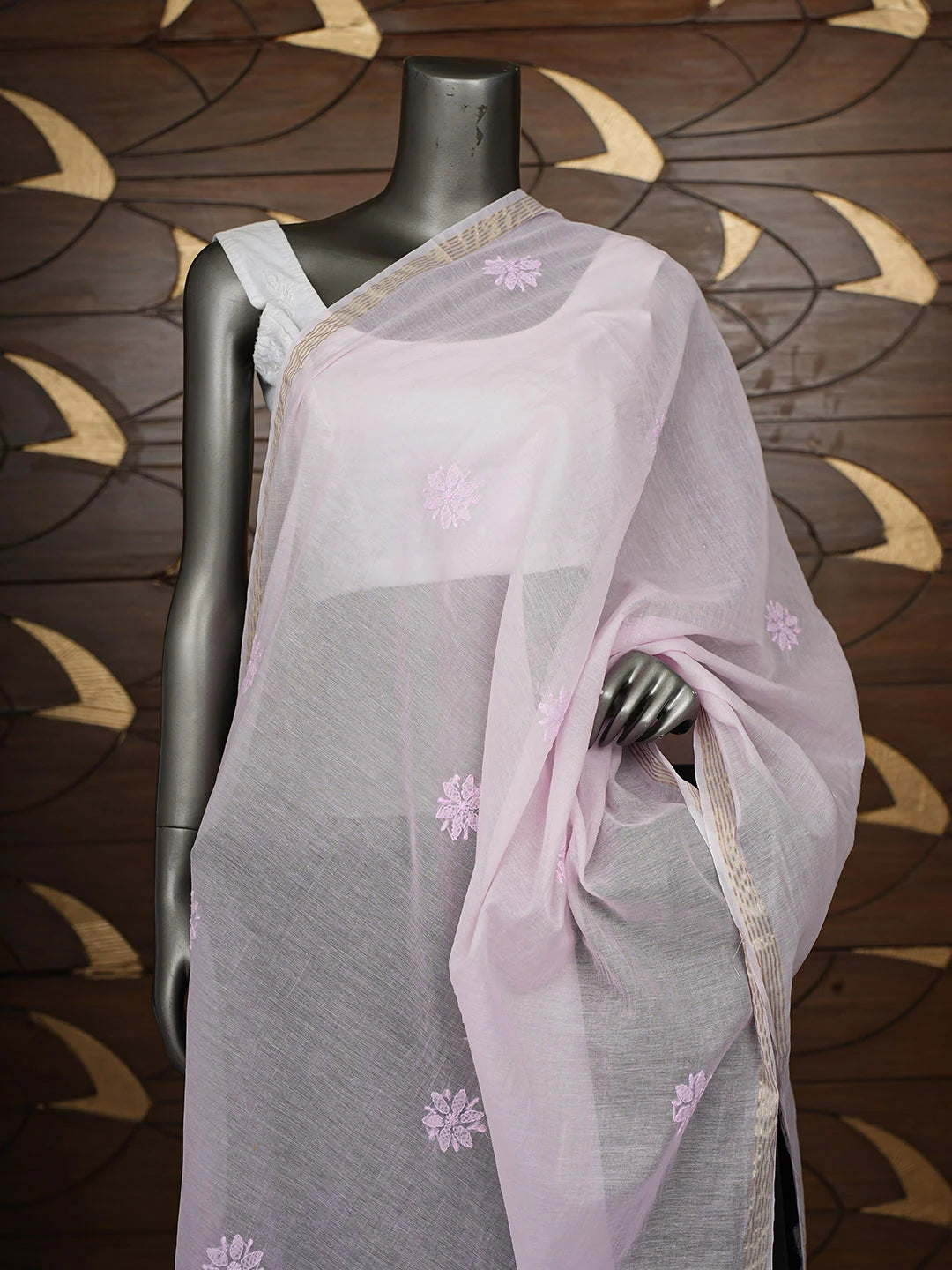 Ada Hand Embroidered Pink Chanderi Lucknowi Chikankari Dupatta 01A862678
