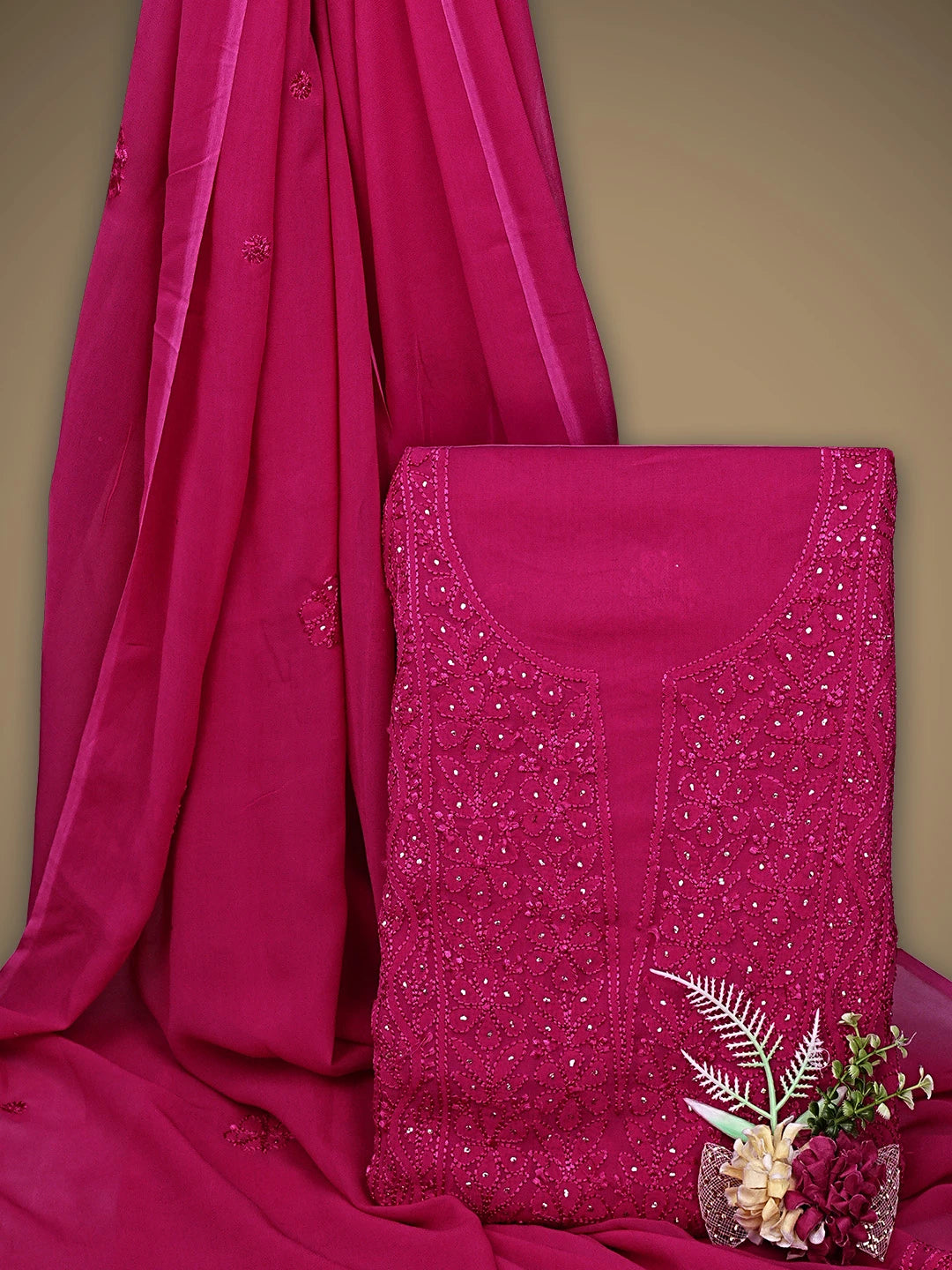 Ada Hand Embroidered Magenta Viscose Georgette Lucknowi Chikankari Unstitched Kurta Dupatta Set With Muqaish Work 01A933366
