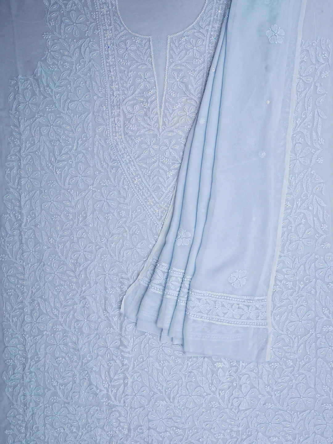 Ada Hand Embroidered Light Blue Viscose Georgette Lucknowi Chikankari Unstitched Kurta Dupatta Set With Pearl Work 01A933512