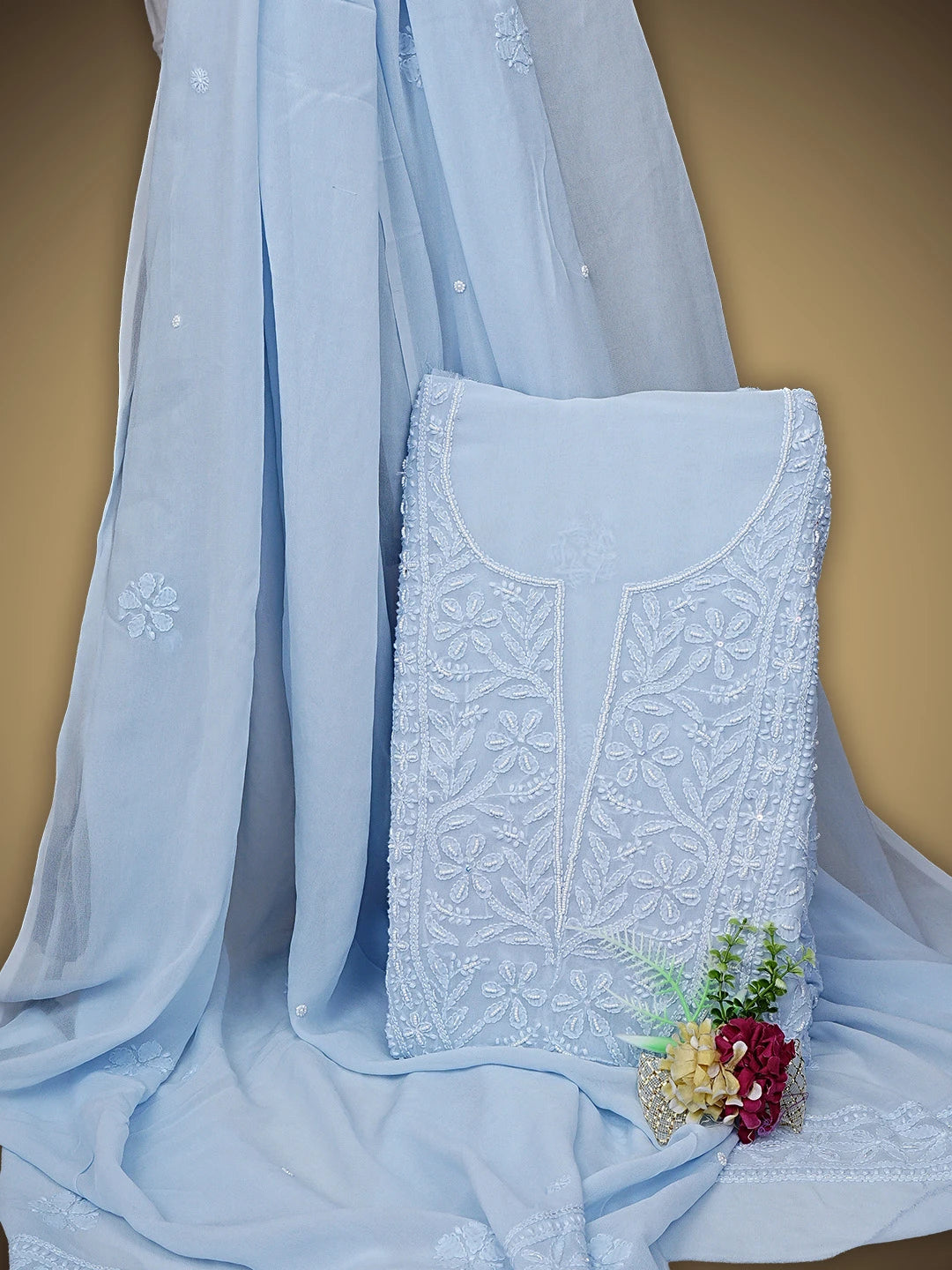 Ada Hand Embroidered Light Blue Viscose Georgette Lucknowi Chikankari Unstitched Kurta Dupatta Set With Pearl Work 01A933512