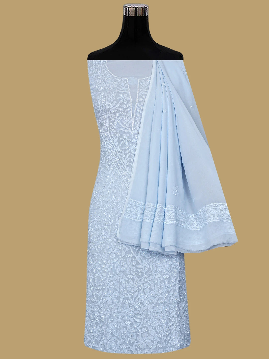 Ada Hand Embroidered Light Blue Viscose Georgette Lucknowi Chikankari Unstitched Kurta Dupatta Set With Pearl Work 01A933512