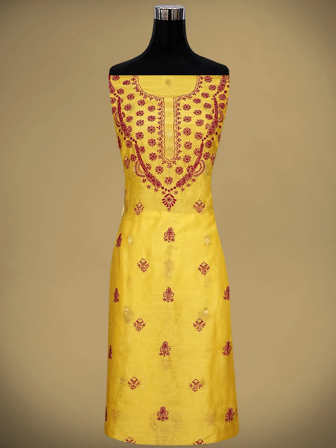 Ada Hand Embroidered Royal Gold yellow Chanderi Lucknowi Chikankari Unstitched Kurta Dupatta Set 01A939657