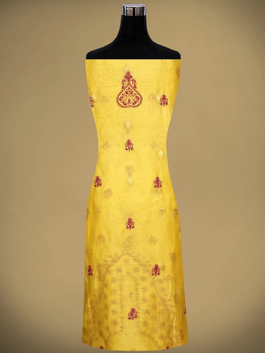 Ada Hand Embroidered Royal Gold yellow Chanderi Lucknowi Chikankari Unstitched Kurta Dupatta Set 01A939657