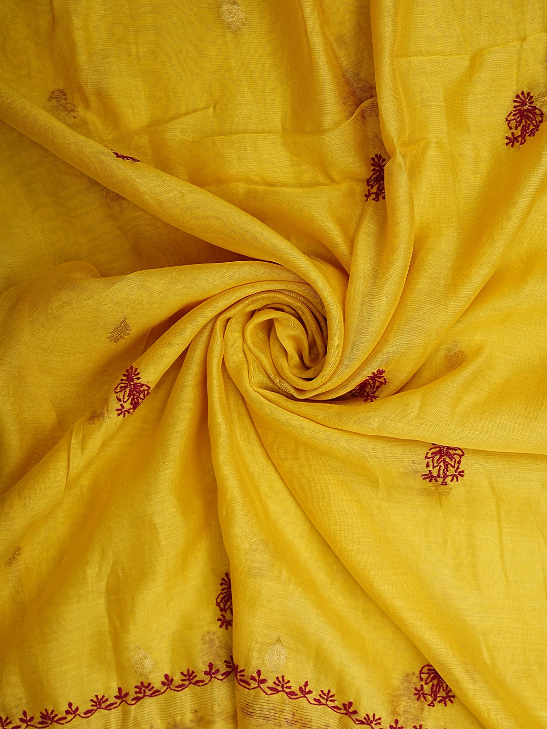 Ada Hand Embroidered Royal Gold yellow Chanderi Lucknowi Chikankari Unstitched Kurta Dupatta Set 01A939657