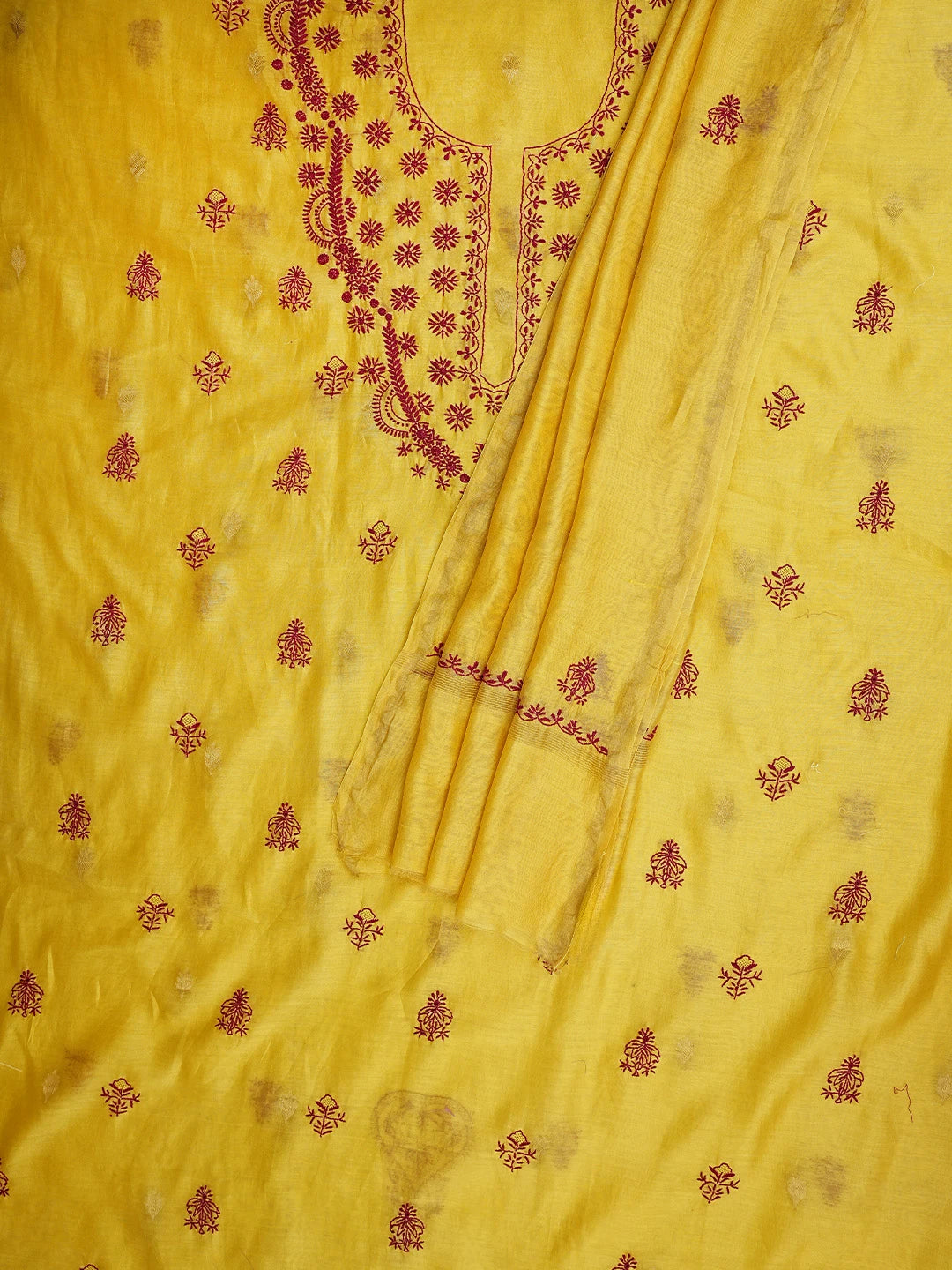 Ada Hand Embroidered Royal Gold yellow Chanderi Lucknowi Chikankari Unstitched Kurta Dupatta Set 01A939657