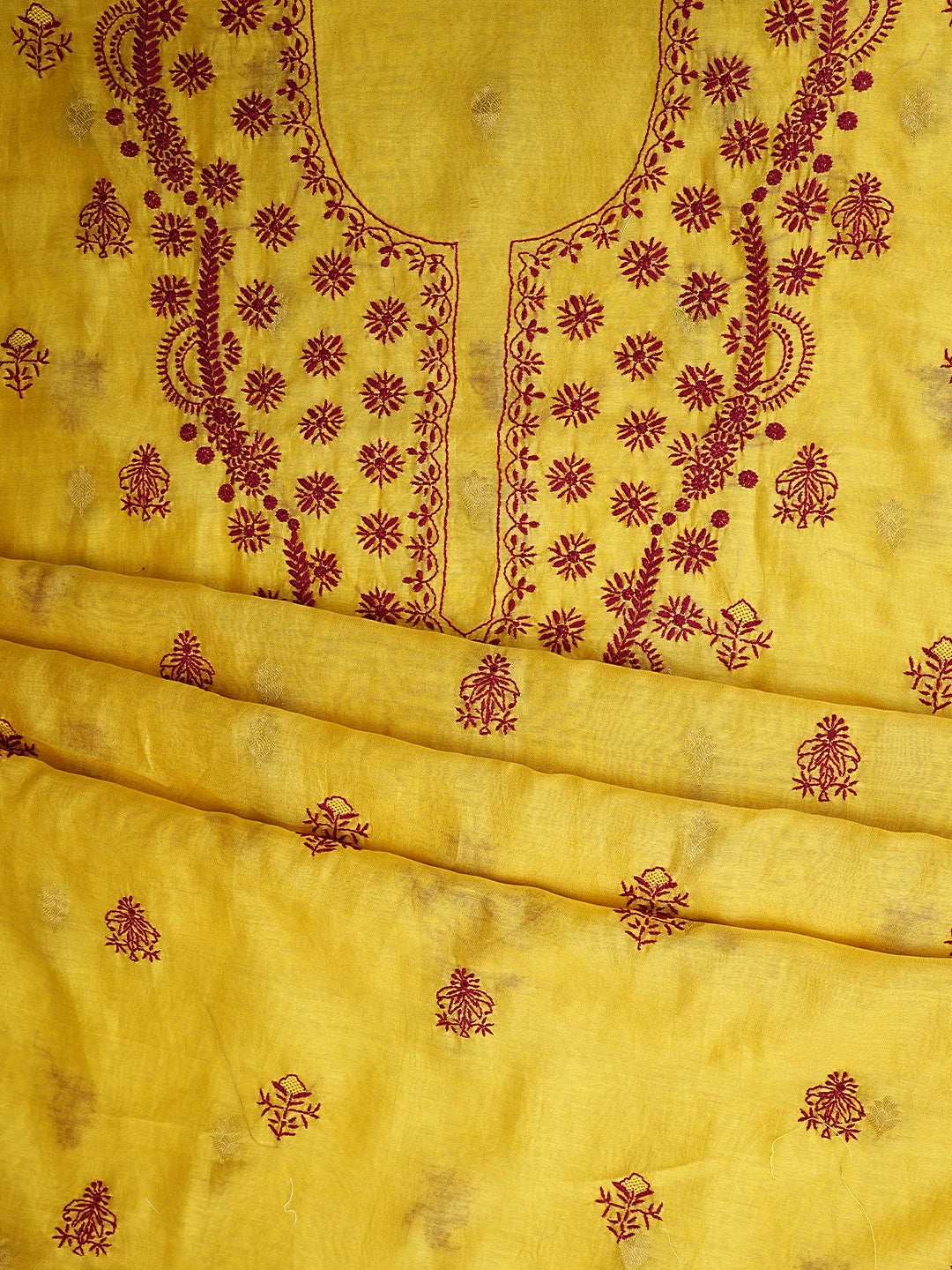 Ada Hand Embroidered Royal Gold yellow Chanderi Lucknowi Chikankari Unstitched Kurta Dupatta Set 01A939657